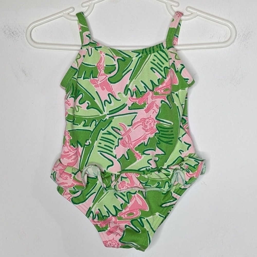 Lilly Pulitzer Musical Monkeys green pink jungle ruffle swim suit one piece 12Mo